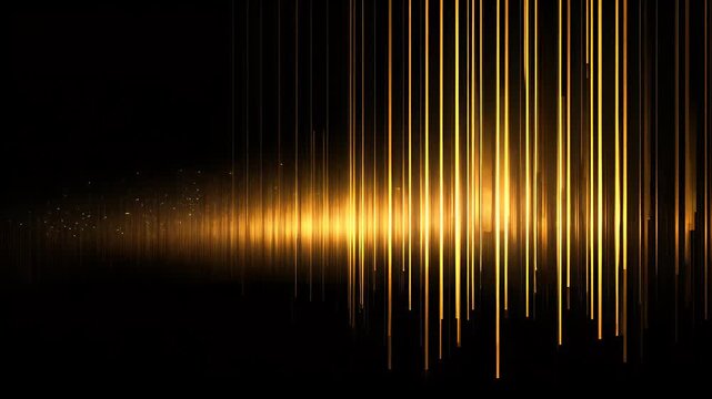 Abstract motion background featuring vertical golden light beams and shimmering particles falling across black backdrop with glowing horizon line for cinematic digital production and design.