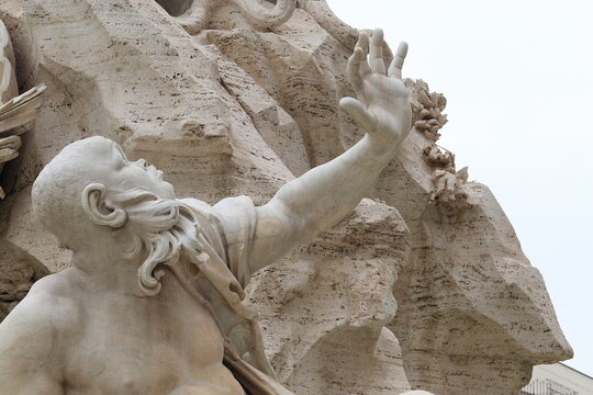 Rio De La Plata Statue Detail at the Fontana dei Quattro Fiumi Fountain in Rome, Italy