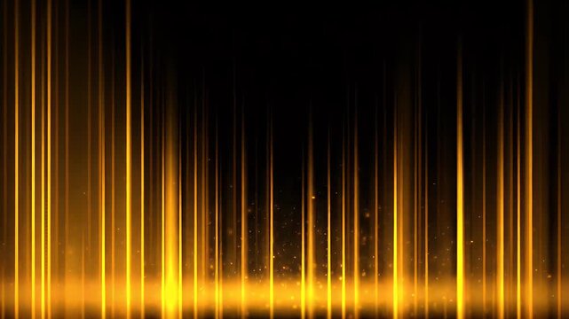 Abstract golden lines rising vertically from luminous base create elegant cinematic motion background with glowing sparks and shimmering particles in dark space for corporate luxury events.