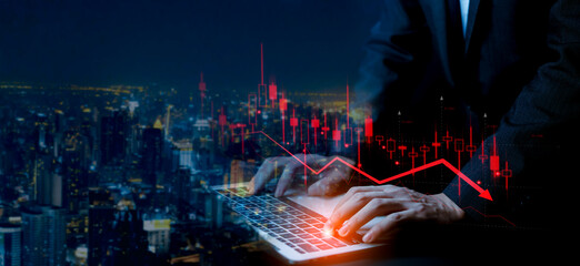 Fototapeta premium the scene is a glowing red candlestick chart and a sharp downward-pointing arrow, signaling a significant drop in market value or stock prices. with a modern corporate skyscraper.