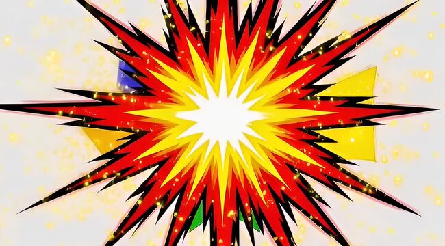 Comic book explosion animation, retro pop art burst with red and yellow rays, vintage cartoon blast effect for video transitions and motion graphics