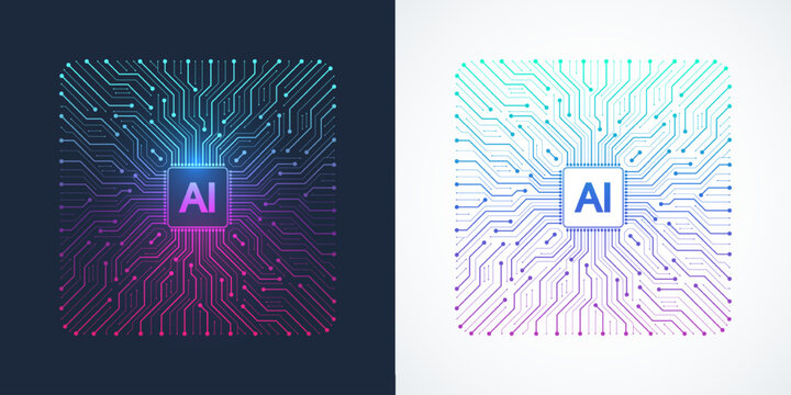 Modern handmade vector icon, sign, logo circuit line style in the Artificial intelligence concept. Set AI processor icon flat design. Motherboard digital chip AI.