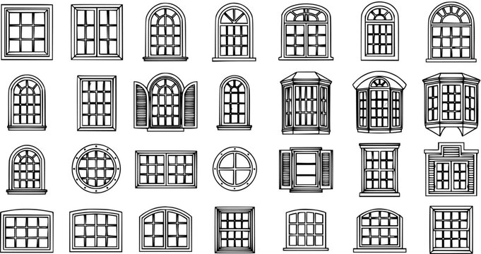 Black and White Line Art Vector of Various Architectural Window Designs for Construction and Design