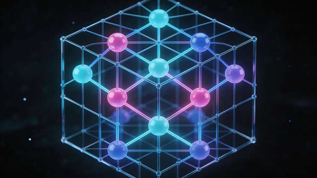 Quantum computing AI visualization, glowing quantum bits entangled in a crystalline structure
