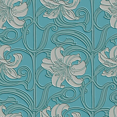 Obraz premium Embossed 3d Art Nouveau seamless pattern with relief lily flowers and flowing curvilinear vines. Vintage floral textured design in dusty blue and silver tones for luxury wallpaper and textile decor.