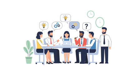 Naklejka premium Diverse team collaborates around a table, brainstorming ideas with lightbulbs, gears, and question marks visualized in speech bubbles, symbolizing innovation and problem-solving