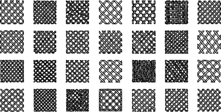 Black and White Line Art Patterns of Various Woven and Intersecting Grids and Textures