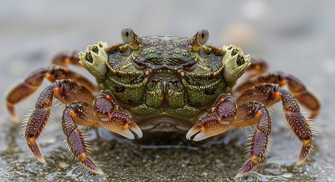 Detailed Close-Up of a Green Crab on a Sandy Beach.