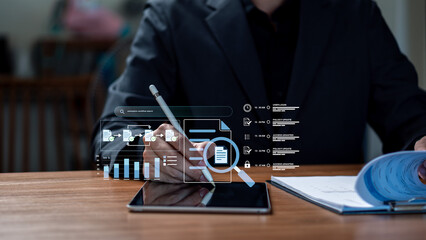 Business workflow automation and digital audit trail management concept. Professional using tablet with stylus navigating holographic dashboard showing document processing © Concept Style