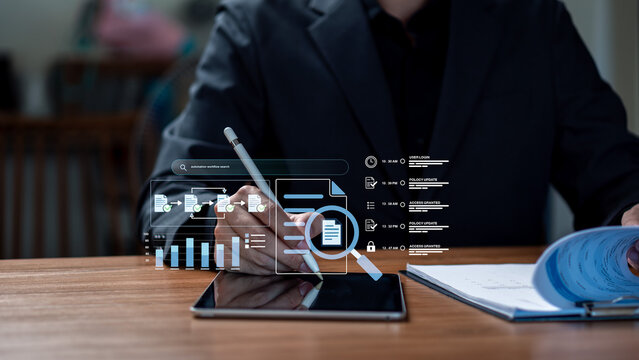 Business workflow automation and digital audit trail management concept. Professional using tablet with stylus navigating holographic dashboard showing document processing
