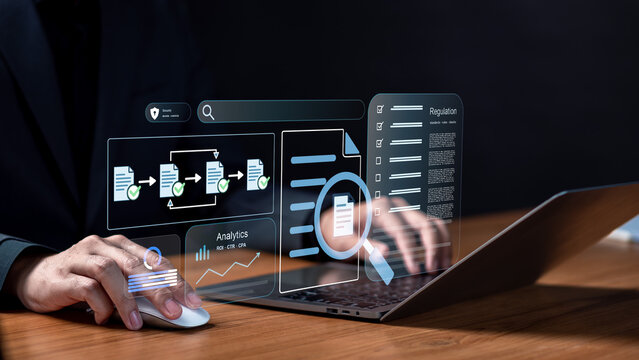 Business compliance regulation and document management analytics concept. Professional using laptop with holographic dashboard showing workflow automation, security controls and ROI metrics.