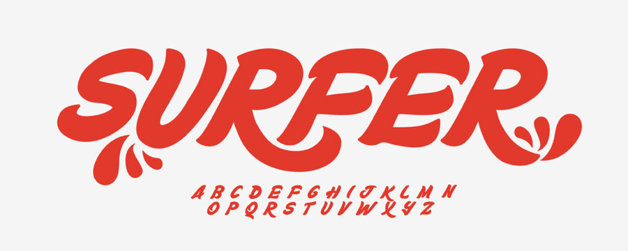 Surf logo font alphabet, hawaii beach script, summer surf typeface. Sweet handwritten hand brush letters set for sunny tee shirt graphic, retro vintage typographic design. Vector typeset