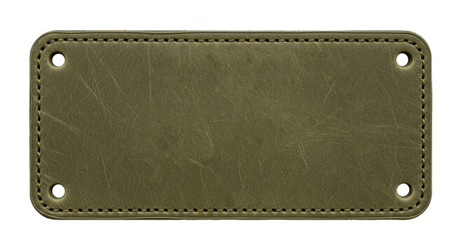 Olive green leather label with stitched border.