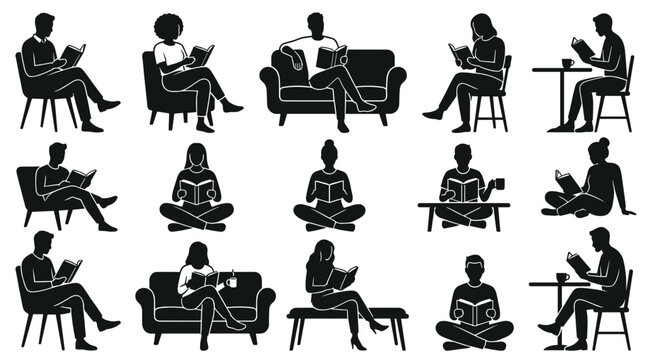 Diverse collection of people reading books in various indoor settings depicted in silhouette. Men and women enjoy leisure and learning through literature.