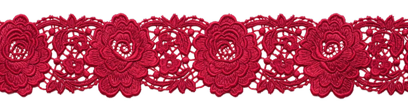 Red lace trim border with floral rose pattern on transparent background.