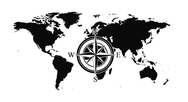 Vector illustration&nbsp;of world map silhouette with a vintage compass rose on a transparent background