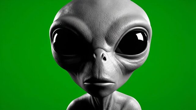 Curious gray alien tilting head side to side while leaning forward on clean green screen, featuring expressive movement ideal for sci fi compositing and visual effects