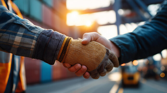Close up of two pairs of hands completing a firm handshake at a port container terminal with colorful stacked containers behind them one hand wearing a work glove and the other