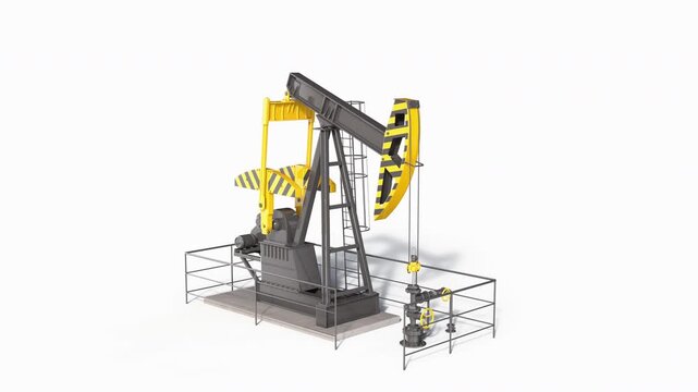Animation of a working oil pumpjack on a white background. Industrial petroleum equipment operating in a seamless loop.