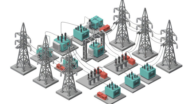 Electrical power grid substation and transmission towers network illustration.