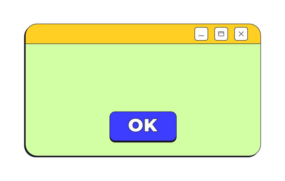 Confirmation ok button neo brutalism pop-up UI window. Action approval. Blank dialog box interaction. Accept selection click. Isolated user interface element in neubrutalism style. Retro Y2K UX design