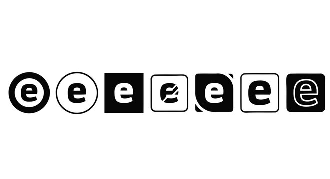 Vector illustration&nbsp;of set of seven different letter e logo icons in black and white on a transparent background