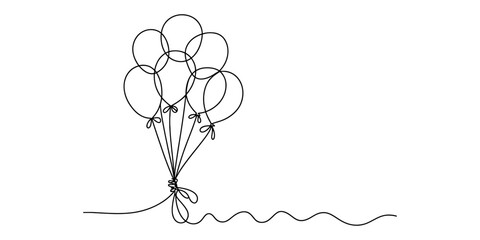 A continuous line drawing illustration of a bunch of festive balloons tied together with a string Vector, illustration © Bobita