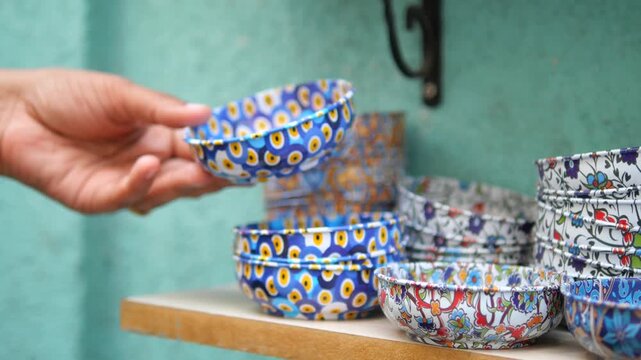 Woman arranging traditional turkish ceramic bowls with evil eye patterns in a shop.