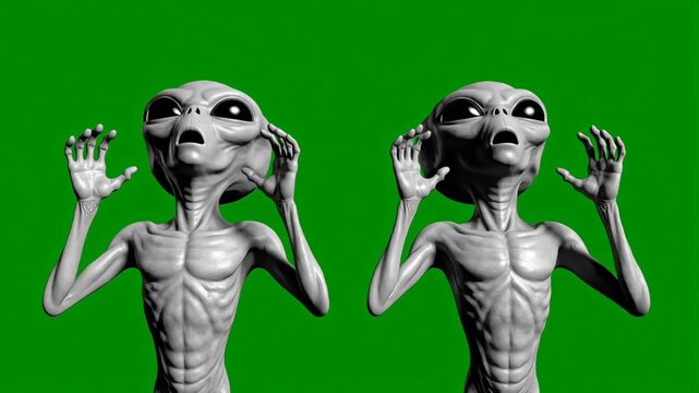Two animated aliens express surprise through quick backward movement and lifted arms on green screen, useful for reaction clips and sci fi visual effects
