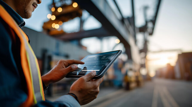 Close up of hands holding a digital tablet at a container terminal showing vessel schedules and container assignment data a hard hat and a safety vest visible container stacks