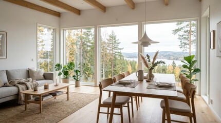 Fototapeta premium A Scandinavian white living room with a dining table and panoramic window is filled with soft daylight, wooden furniture and clean lines creating a calm and elegant interior, photorealistic, cinematic