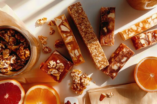 Top view of assorted nut and granola bars next to sliced oranges and grapefruit on a white background with sharp shadows.