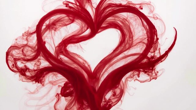 Abstract red ink clouds form a vibrant heart shape in water, creating swirling patterns against a stark white background. This image symbolizes dynamic love, romance, and conceptual art.
