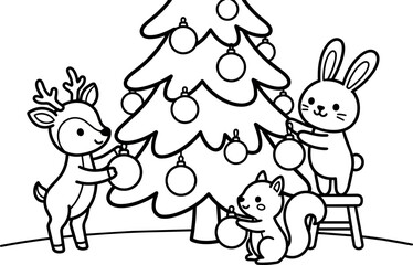 Naklejka premium Black and white line art rabbit squirrel and reindeer decorating christmas tree