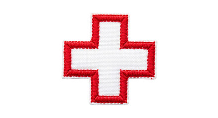 Fototapeta premium White cross patch with red border on transparent background.