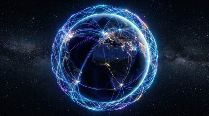 Naklejka premium A luminous artificial intelligence network wraps around a globe, glowing data lines and connection points forming a structured worldwide system of digital communication and AI processing,