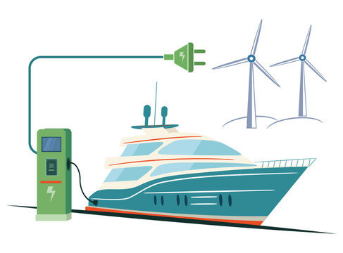 Electric luxury yacht charging with wind energy, clean marine transport, vector illustration