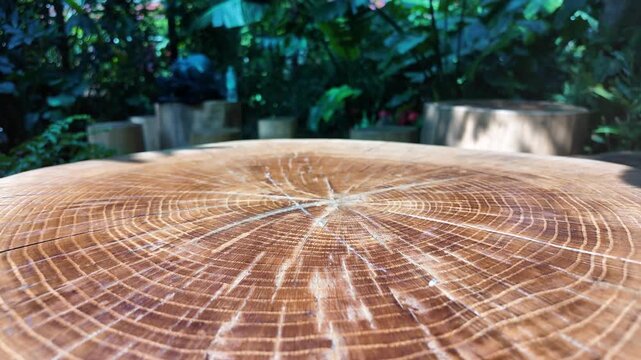 Close up shot of weathered tree stump rings moving slowly with natural garden background.