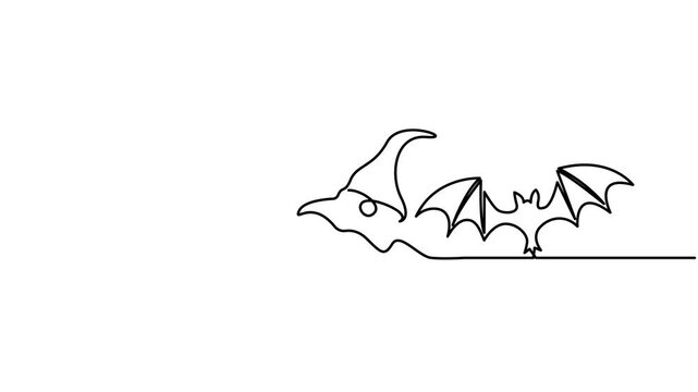 Continuous one line drawing halloween pumpkin witch hat and bat animation minimalist outline spooky illustration isolated on white background.