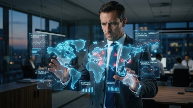 A businessperson at a modern corporate workspace holding a glowing holographic world map with warning triangle icons floating in the air, geopolitical instability and international trade war risk