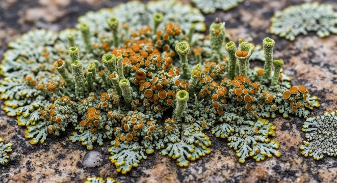 Close-up of lichen on a rock surface.