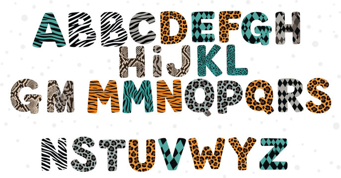 Creative Animal Skin Alphabet Letter Set Featuring Zebra Tiger Leopard and Reptile Texture Typography for Educational Design and Decorative Graphic Use