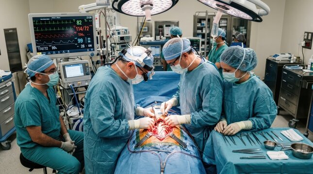 A tense and focused cardiac surgery scene in a modern operating theater, a scrubbed surgical team in sterile blue-green uniforms bent over a patient on the operating table, scalpels and forceps