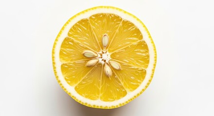 Fresh lemon slice: vibrant yellow citrus fruit with seeds on white background