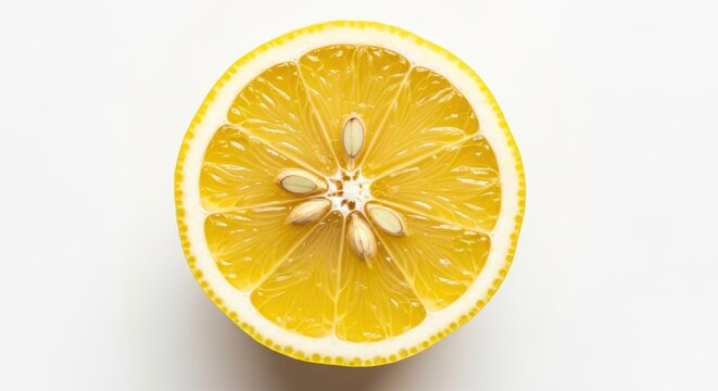 Fresh lemon slice: vibrant yellow citrus fruit with seeds on white background