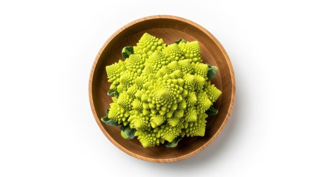 Fresh romanesco cauliflower in wooden bowl on white background
