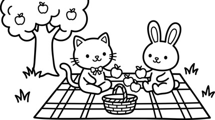 Fototapeta premium Black and white line art cat and rabbit having picnic with apples on blanket under apple tree