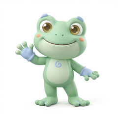 Fototapeta premium Friendly 3d anthropomorphic frog mascot showcasing smooth skin texture and large expressive eyes waving hello adorned with blue gloves isolated on a bright white studio background ideal for
