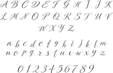 Naklejka premium Elegant thin calligraphy alphabet letters and numbers, Handwritten script font with uppercase, lowercase, and numerals, for wedding, branding, and invitation design, Scalable vector