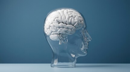 Obraz premium Translucent head profile against a smooth blue wall, interior cavity occupied entirely by a clean white anatomical brain with no additional overlays, pure cognition concept in minimal medical